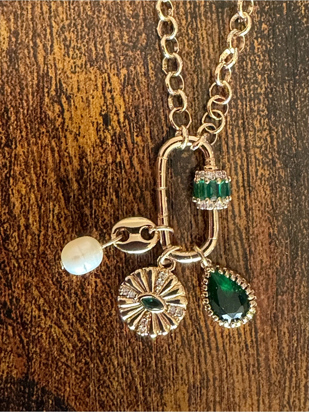 Ettika 18k Gold Pltd Boho Necklace w/Green Crystal & Pearl Charms NWT